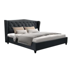 Artiss Pier Queen Bed Frame - Charcoal Linen, Tufted Wing Headboard, Steel & Wood Construction, French Provincial Style