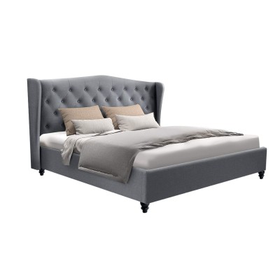 Artiss Pier Bed Frame Queen Size Grey French Provincial Style, Linen Fabric, Tufted Headboard, Sturdy Steel Frame