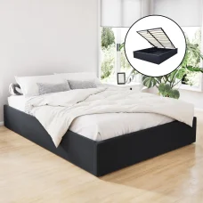 Artiss Toki Double Bed Frame, Gas Lift Storage, Charcoal Linen, Steel Reinforced, Wood Slats, 300kg Capacity