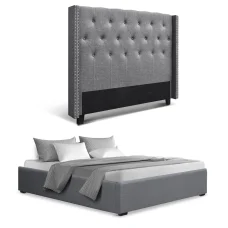 Artiss Queen Bed Frame with Storage - Grey Faux Linen, Gas Lift Base, Tufted Headboard, 300kg Capacity, Easy Assembly