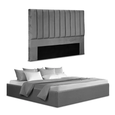 Artiss King Bed Frame with Grey Velvet Headboard, Gas Lift Storage Base, Faux Linen, 300kg Capacity, Easy Assembly