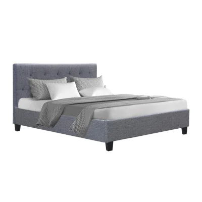 Artiss Vanke Double Size Bed Frame Grey Upholstered Faux Linen, Tufted Headboard, Solid Wood Slats, Sturdy Metal Frame