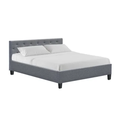 Artiss Vanke Queen Size Bed Frame - Grey Faux Linen, Solid Wood Slats, Tufted Headboard, Metal Legs, 217x160x88cm