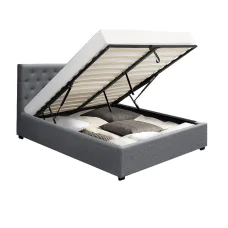 Artiss Vila Double Size Grey Bed Frame - Gas Lift, Faux Linen, Storage, Sturdy Steel Structure, Easy Assembly