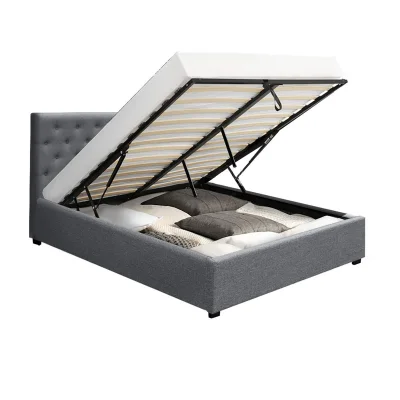 Artiss Vila Double Size Grey Bed Frame - Gas Lift, Faux Linen, Storage, Sturdy Steel Structure, Easy Assembly