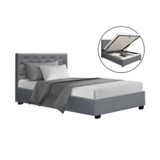 Artiss King Single Bed Frame with Gas Lift Storage, Grey Faux Linen, Tufted Headboard, Steel & Wood Construction