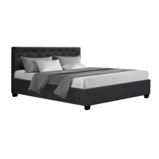 Artiss Vila Queen Bed Frame - Charcoal Faux Linen, Gas Lift Storage, Tufted Headboard, Steel Frame, Wooden Slats