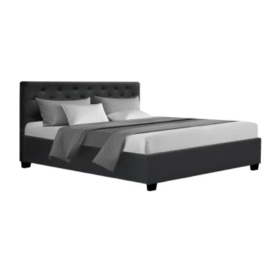Artiss Vila Queen Bed Frame - Charcoal Faux Linen, Gas Lift Storage, Tufted Headboard, Steel Frame, Wooden Slats