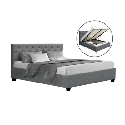 Artiss Queen Size Bed Frame Grey VILA - Gas Lift Storage, Faux Linen, Tufted Headboard, Sturdy Steel & Wood Base