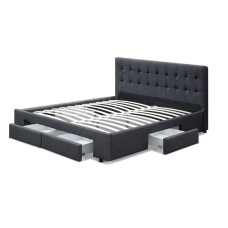 Artiss Avio Double Bed Frame Grey Charcoal, Faux Linen Upholstery, Tufted Headboard, 4 Storage Drawers, 203x148.5cm Artiss Avio Double Bed Frame Grey Charcoal, Faux Linen Upholstery, Tufted Headboard, 4 Storage Drawers, 203x148.5cm