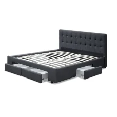 Artiss Avio Double Bed Frame Grey Charcoal, Faux Linen Upholstery, Tufted Headboard, 4 Storage Drawers, 203x148.5cm