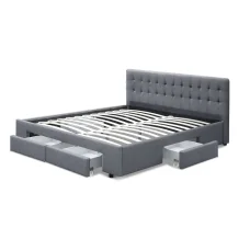 Artiss Avio Bed Frame King Size Grey with 4 Storage Drawers, Tufted Headboard, Linen Fabric, Steel Frame, 216cm