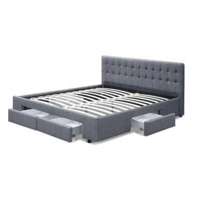 Artiss Avio Bed Frame King Size Grey with 4 Storage Drawers, Tufted Headboard, Linen Fabric, Steel Frame, 216cm Artiss Avio Bed Frame King Size Grey with 4 Storage Drawers, Tufted Headboard, Linen Fabric, Steel Frame, 216cm
