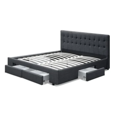 Artiss Avio Queen Bed Frame Charcoal Faux Linen with 4 Storage Drawers, Tufted Headboard, Sturdy Steel Base