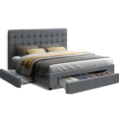 Artiss Avio Queen Bed Frame with 4 Storage Drawers, Tufted Headboard, Faux Linen Upholstery, Grey, 216x164.5x95cm Artiss Avio Queen Bed Frame with 4 Storage Drawers, Tufted Headboard, Faux Linen Upholstery, Grey, 216x164.5x95cm