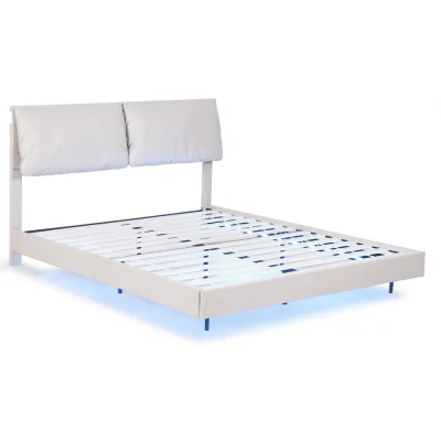 Artiss Queen Bed Frame Beige White with RGB LED Lights, Adjustable Headboard, Floating Design, Timber Steel, 300kg