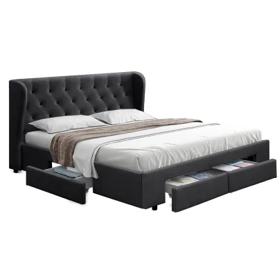 Artiss Mila King Size Bed Frame Charcoal - Faux Linen, 4 Storage Drawers, Tufted Headboard, Sturdy Steel & Wood Design
