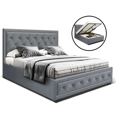 Artiss Tiyo Double Size Gas Lift Bed Frame in Grey - Premium Faux Linen, Storage Function, Scandinavian Tufted Headboard