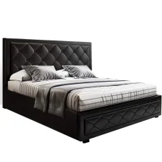 Artiss Tiyo Double Size Gas Lift Bed Frame, Black - PVC Leather, Storage, Scandinavian Tufted Headboard, 300kg Capacity