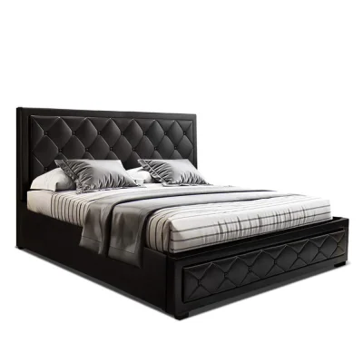 Artiss King Size Bed Frame, Black Tiyo – Gas Lift Storage, PVC Leather Upholstery, Tufted Headboard, Sturdy Wooden Base
