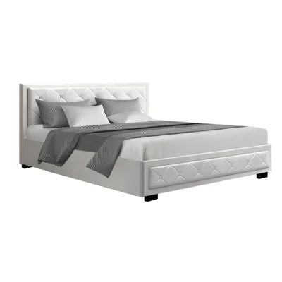 Artiss Tiyo King Size Gas Lift Bed Frame - White PVC Leather, Tufted Headboard, Ample Storage, 300kg Capacity