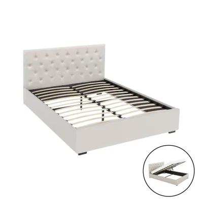 Artiss VILA Queen Size Bed Frame Gas Lift Storage Beige Linen Upholstered Tufted Headboard Wooden Slats 300kg