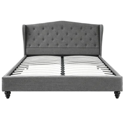 Artiss Queen Bed Frame with Wingback Tufted Headboard, Grey Linen Upholstery, Steel Frame, Fits Standard Queen Mattress