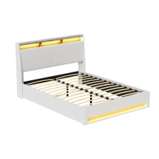 Artiss Queen Bed Frame White PVC Leather Gas Lift Storage with Headboard and LED Lights, 16 Colours, Modern Platform