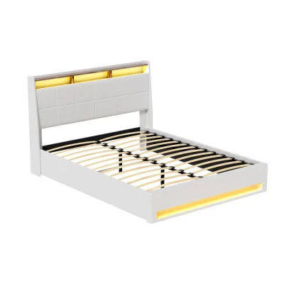 Artiss Queen Bed Frame White PVC Leather Gas Lift Storage with Headboard and LED Lights, 16 Colours, Modern Platform