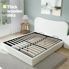 Artiss Double Bed Frame with Gaslift Storage, Bouclé Upholstered, Pine Wood Platform, Beige White, 300kg Capacity