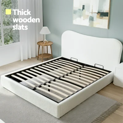 Artiss Double Bed Frame with Gaslift Storage, Bouclé Upholstered, Pine Wood Platform, Beige White, 300kg Capacity