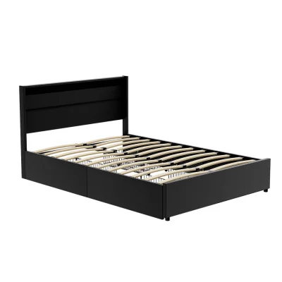 Artiss Dunn Double Size Bed Frame with LED, 4 Drawers, Black PU Leather, Foam Padding, Wooden Slat Support, 16 Colours