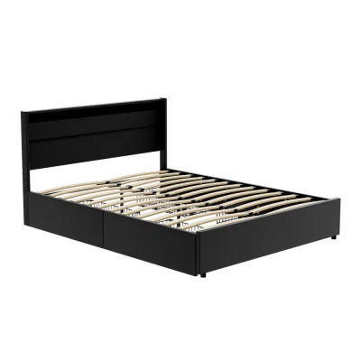 Artiss Queen Bed Frame with LED, 4 Drawers, PU Leather Upholstery, Black, Durable Wood, Easy Assembly