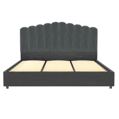 Artiss FION King Size Bed Frame Velvet Grey Upholstered with Gas Lift Storage, Padded Headboard, Wooden Slats