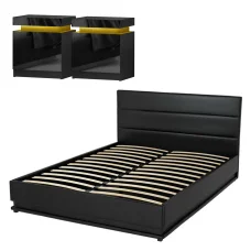 Artiss Queen Bed Frame Set with 16-Colour RGB LED, Gas-Lift Storage, PVC Leather, Includes 2 High-Gloss Bedside Tables