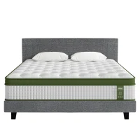 Artiss BedStory King Bed Frame Set with Medium-Firm Hybrid Mattress - Faux Linen Grey, Solid Wood & Motion Isolation