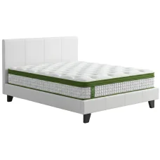 Bedstory Artiss Double Bed Frame in White PVC Leather with Padded Headboard & Hybrid Pocket Coil Mattress, Medium Firm