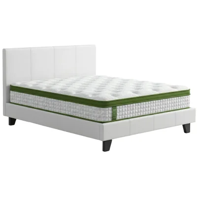 Bedstory Artiss Double Bed Frame in White PVC Leather with Padded Headboard & Hybrid Pocket Coil Mattress, Medium Firm Bedstory Artiss Double Bed Frame in White PVC Leather with Padded Headboard & Hybrid Pocket Coil Mattress, Medium Firm