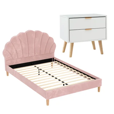 Artiss Pink Velvet Double Bed Frame with Scallop Headboard & White 2-Drawer Bedside Table, 204x144x105cm Artiss Pink Velvet Double Bed Frame with Scallop Headboard & White 2-Drawer Bedside Table, 204x144x105cm