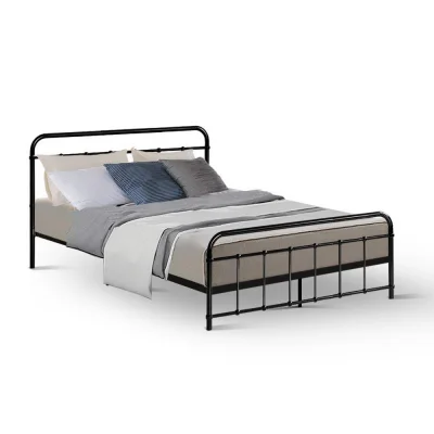 Artiss Leo Double Bed Frame - Black Metal, Country Style, Powder-Coated Steel, Ample Storage, 300kg Capacity