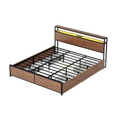 Artiss Metal Bed Frame King Size with 4 Storage Drawers, LED Headboard, Charging Station & Noise-Free Support