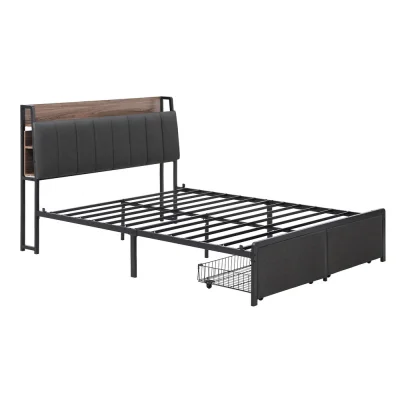 Artiss Double Size Metal Bed Frame with 2-Tier Storage & Charging Station, Grey Faux Linen, Steel Slats, 300kg Capacity Artiss Double Size Metal Bed Frame with 2-Tier Storage & Charging Station, Grey Faux Linen, Steel Slats, 300kg Capacity