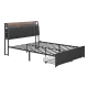 Artiss Double Size Metal Bed Frame with 2-Tier Storage & Charging Station, Grey Faux Linen, Steel Slats, 300kg Capacity