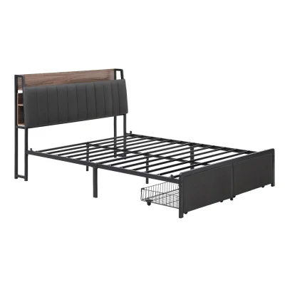 Artiss King Size Metal Bed Frame with 2-Tier Storage & Charging Station, Faux Linen Upholstery, Steel Slats, Oak/Grey