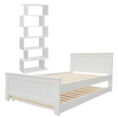 Artiss King Single Pine Wood Trundle Bed & White S-Shape 6-Tier Display Shelf Set - Space-Saving Style & Functionality Artiss King Single Pine Wood Trundle Bed & White S-Shape 6-Tier Display Shelf Set - Space-Saving Style & Functionality