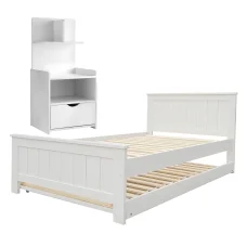Artiss King Single Trundle Bed Frame & Bedside Table Set - Solid Pine Wood, White Finish, Space-Saving with Storage
