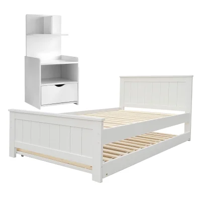 Artiss King Single Trundle Bed Frame & Bedside Table Set - Solid Pine Wood, White Finish, Space-Saving with Storage