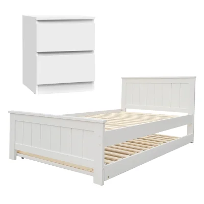Artiss Elvis Trundle Bed & Pepe Bedside Table Set – Pine Wood Frame, King Single, Space-Saving, Modern Design, White