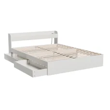 Artiss Aura Queen Bed Frame with Storage Drawers, USB Charging Ports, White Particleboard, Sturdy Plywood Slats