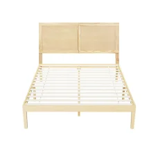 Artiss BRUNO Double Size Wooden Bed Frame with Rattan Headboard, Solid Pine, Strong Slats, 300kg Capacity